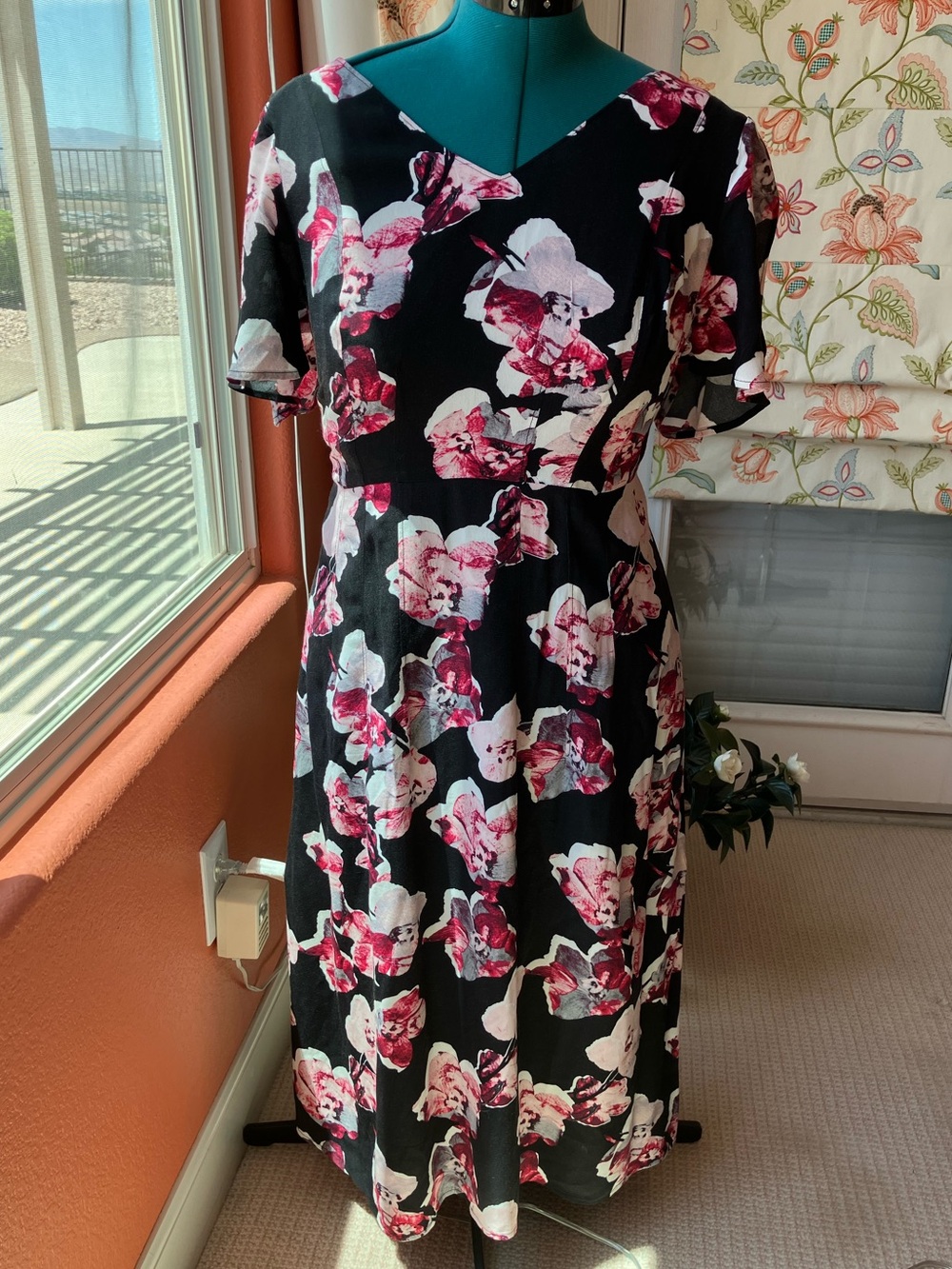 Sejour Black Midi Dress with Pink Floral Print 14W